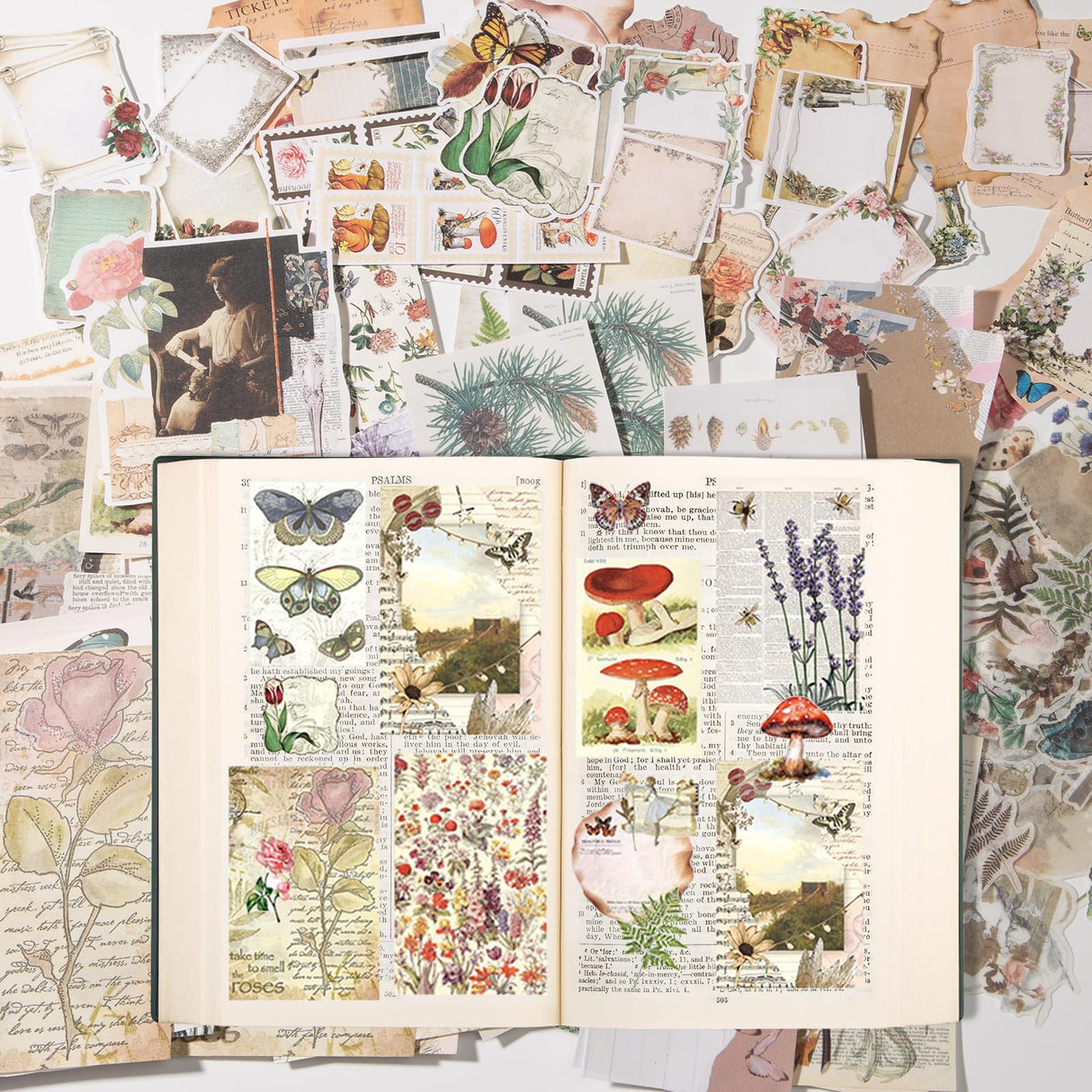 Luyoaozy 200Pcs Vintage Scrapbook Supplies Pack Kit for Junk Journal Bullet Aesthetic Paper Stickers Stuff Journaling Planners Diary Botanical Collage Luyoaozy