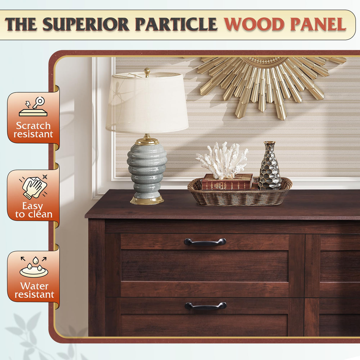 WLIVE 6 Drawer Dresser, Retro Chest of Drawers with Metal Handle, Double Wood Dresser for Bedroom, Living Room, Large Storage Cabinet, Brown WLIVE