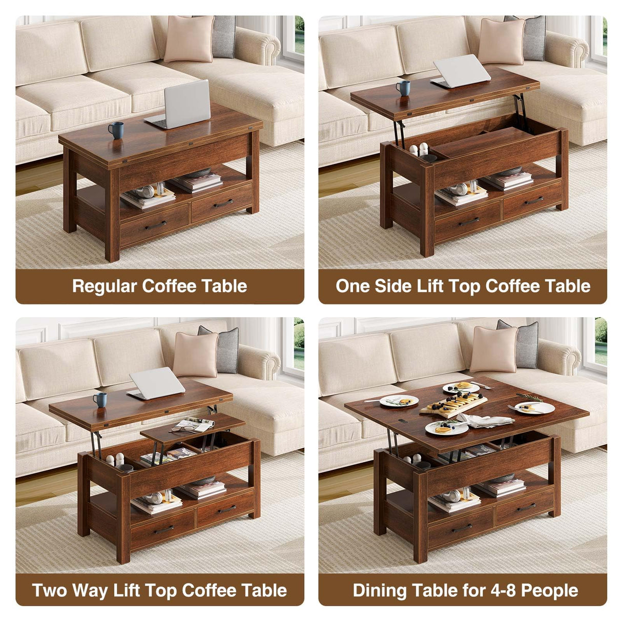 Rolanstar Coffee Table Lift Top, Multi-Function Convertible Coffee Table with Drawers and Hidden Compartment, Converts to Dining Table for Living Room, Home Office,Espresso Rolanstar