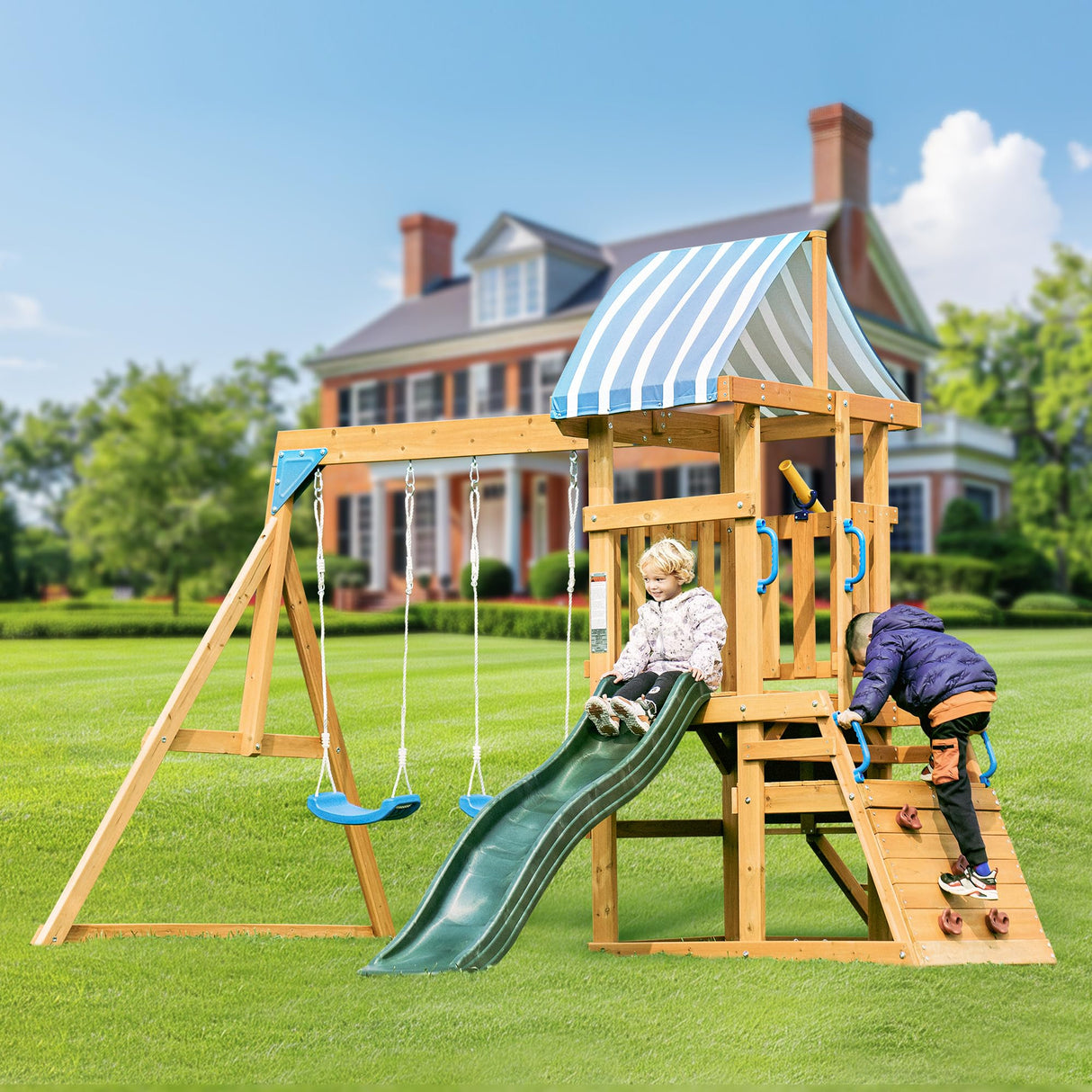 ROBUD Swing Sets for Backyard, Wooden Swing Set, All-in-One Kids Outdoor Play Equipment with Two Swings, Slide, Rock Climbing Wall, Blackboard, Telescope, Fort, Outdoor Playset for Kids & Toddlers ROBUD