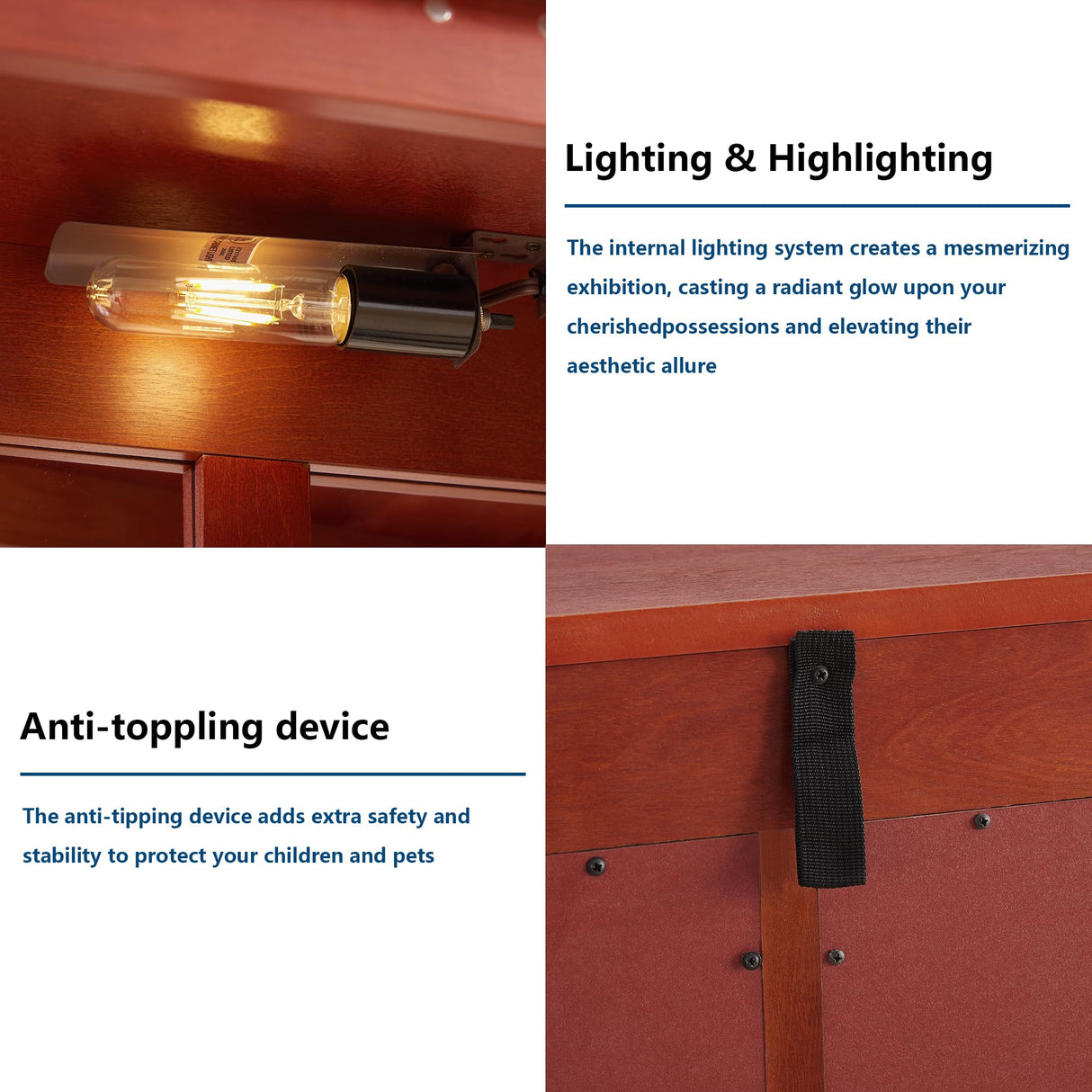 HIUU Cherry Curio Cabinets with Glass Doors,49.4’’H Curio Cabinet with Lights,Display Cabinet with Glass Doors and Adjustable Shelves,Wooden China Cabinet for Living Room HIUU