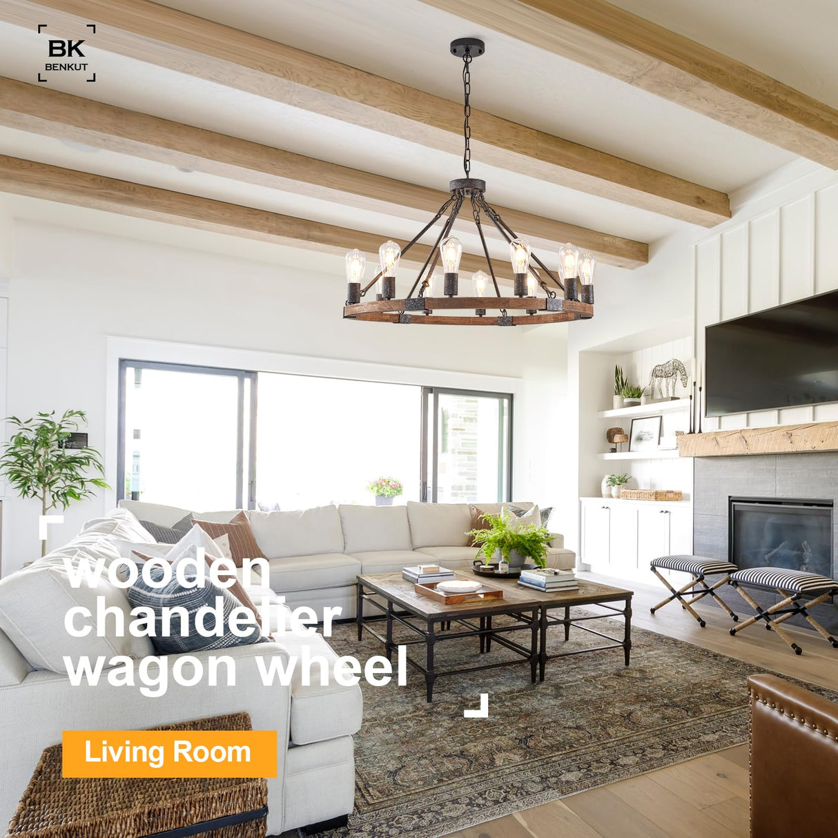 Benkut Farmhouse Wagon Wheel Chandelier 31" Black Rustic Light Fixtures 12-Light Wood Round Chandelier for Dining Room Living Room Entryway Foyer Benkut