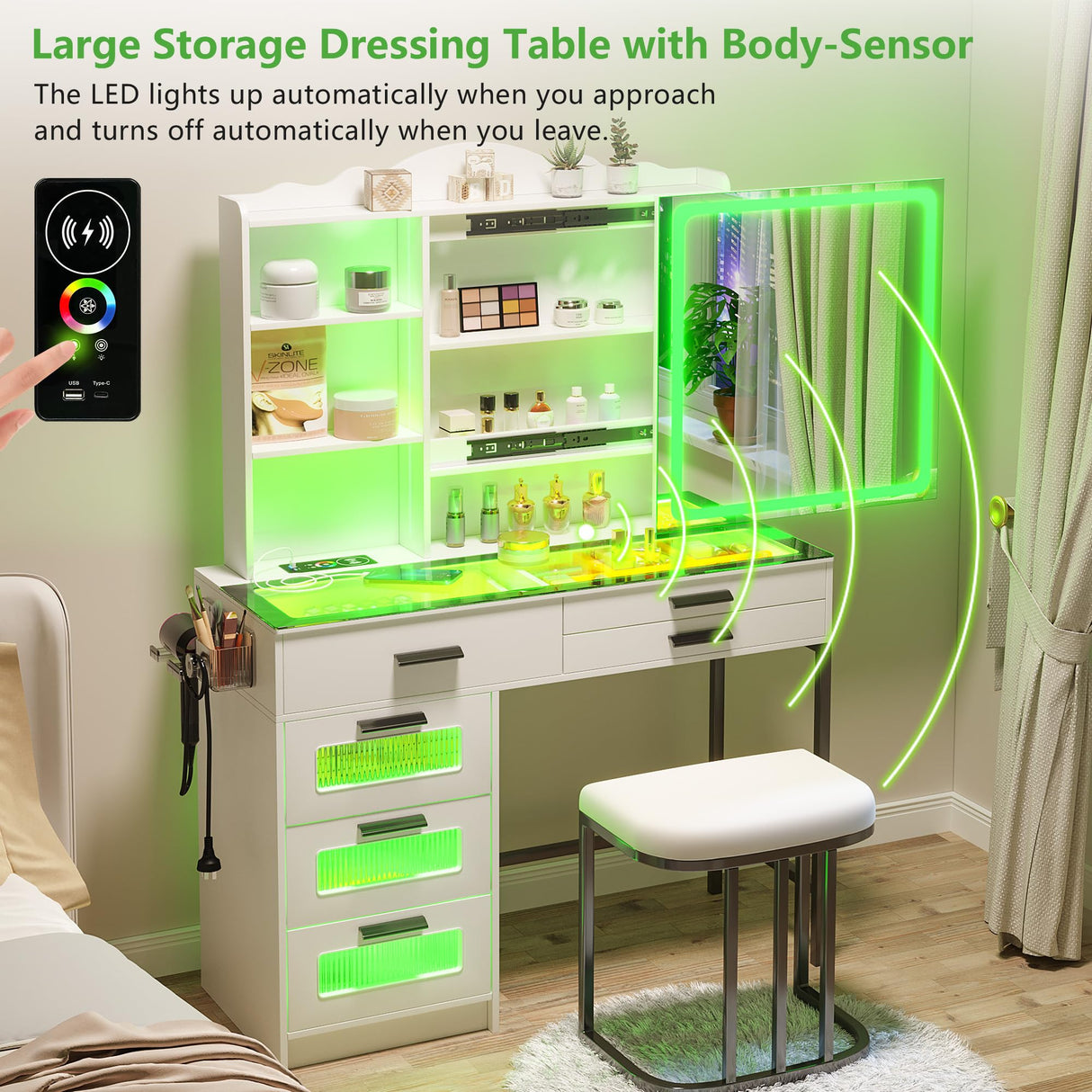 HENBC Vanity Desk with Sliding Mirror and Glass Desktop, LED Vanity Mirror with RGB Lights Desk and Chair, Dressers Vanity Table Set with Charging Station/Makeup Organizer/6 Drawers (White) HNEBC