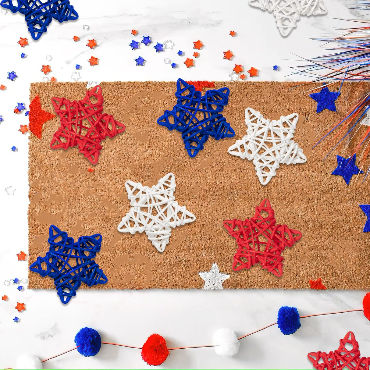 18pcs 4th of July Star Rattan Decoration, Red Blue White Stars for 4th of July Independence Day Home Decor DIY Craft Vase Bowl Filler Table Decoration GuassLee