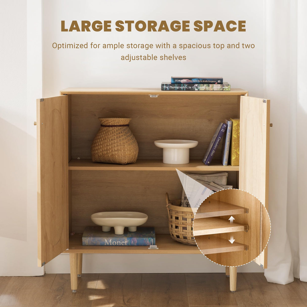 THEETAYY Storage Cabinet Sideboard with Rattan Doors, Boho Buffet Sideboard Bar Cabinet Farmhouse Credenza Cabinet with Sturdy Wooden Legs with Leveler for Living Room,Kitchen,Hallway THEETAYY