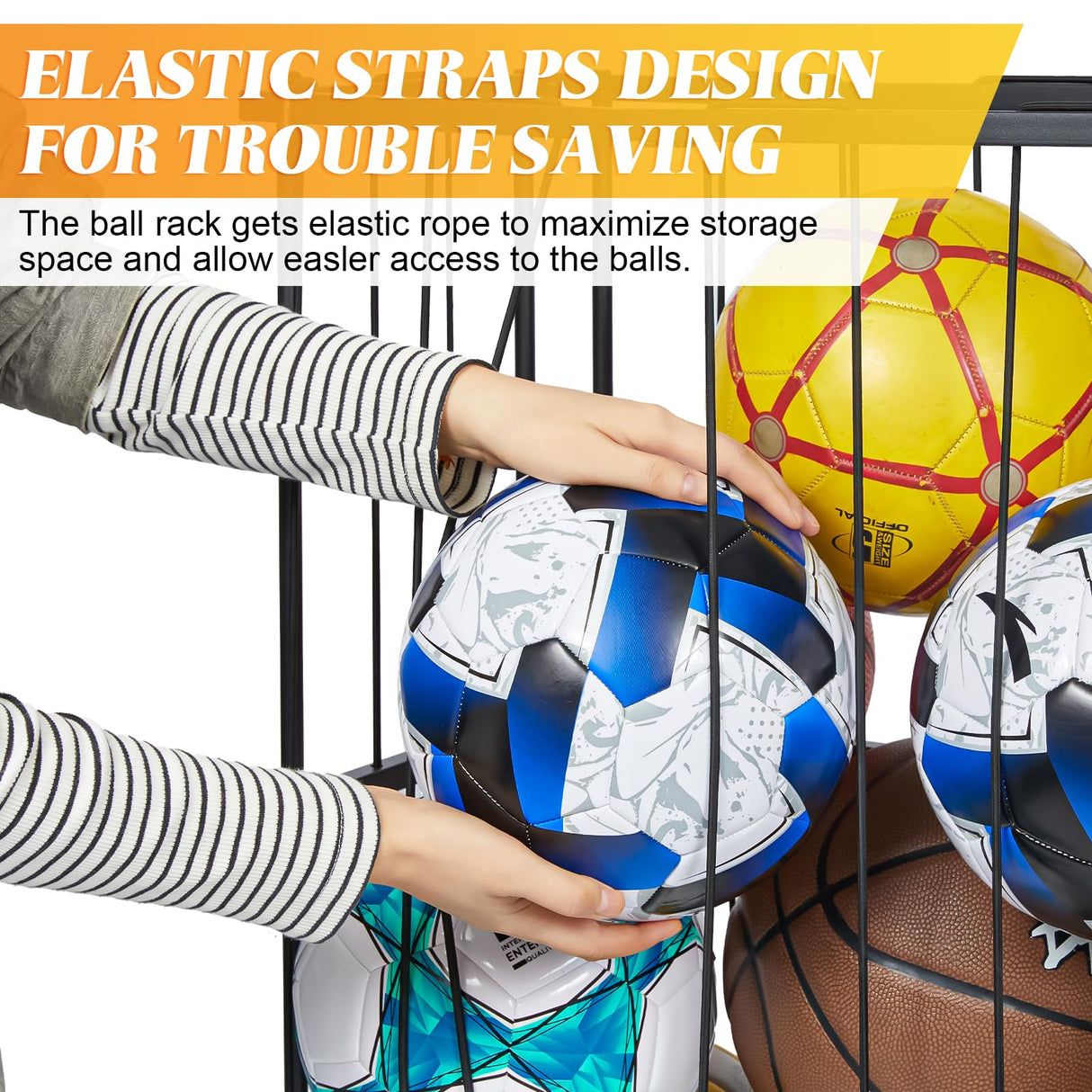 Garage Ball Storage Wall-Mounted & Floor Sports Equipment Organizer: Sports Ball Rack with Elastic Rope, Holder for Basketball, Soccer, Volleyball, Football, Garage, Gym, Black(Patent Pending) Hencawima