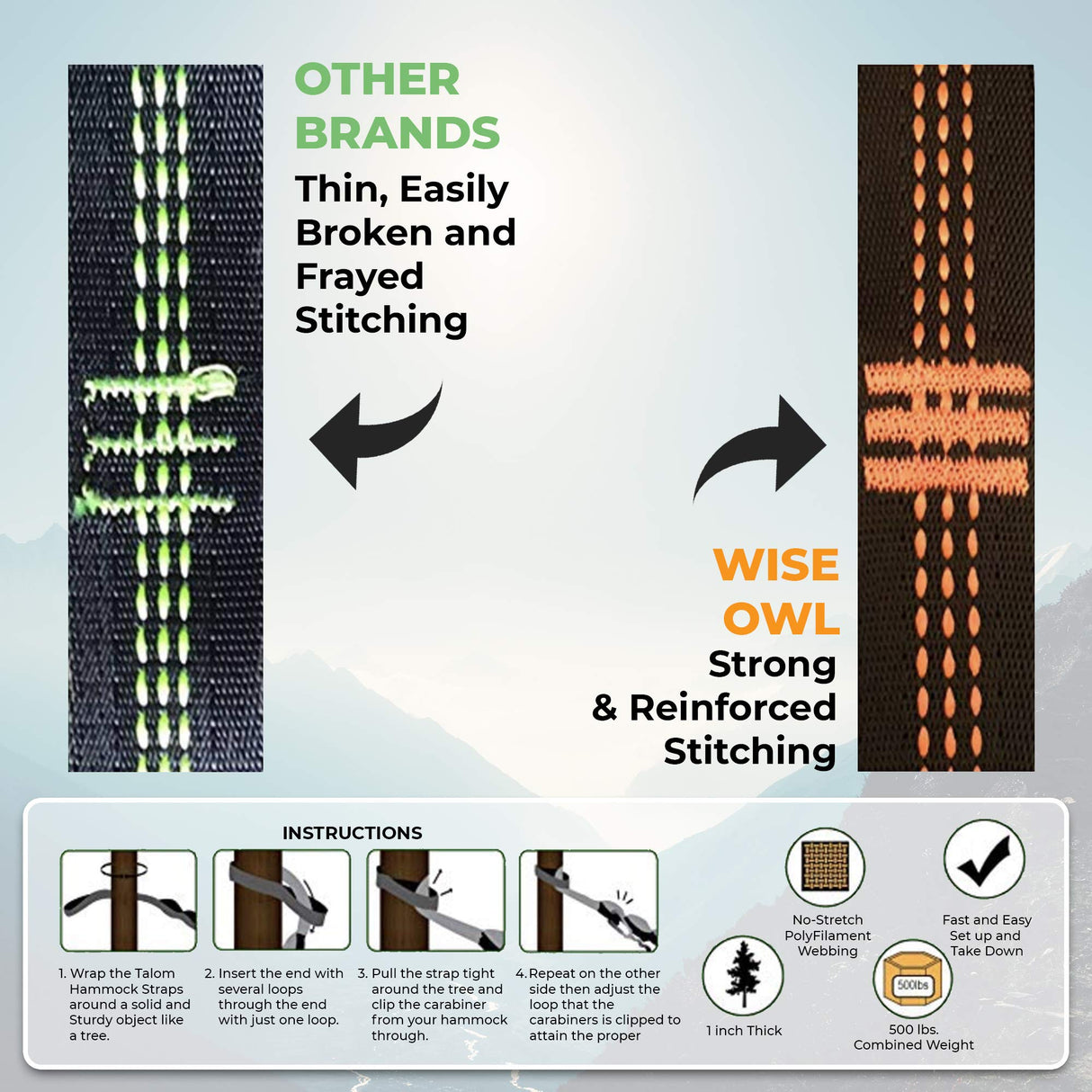 Wise Owl Outfitters Hammock Straps for Trees Heavy Duty - Set of Two 10ft Long, 1 Inch Thick Camping Hammock Tree Straps w/ 38 Loops & 2D Carabiners - Essential Hammock Accessories Wise Owl Outfitters