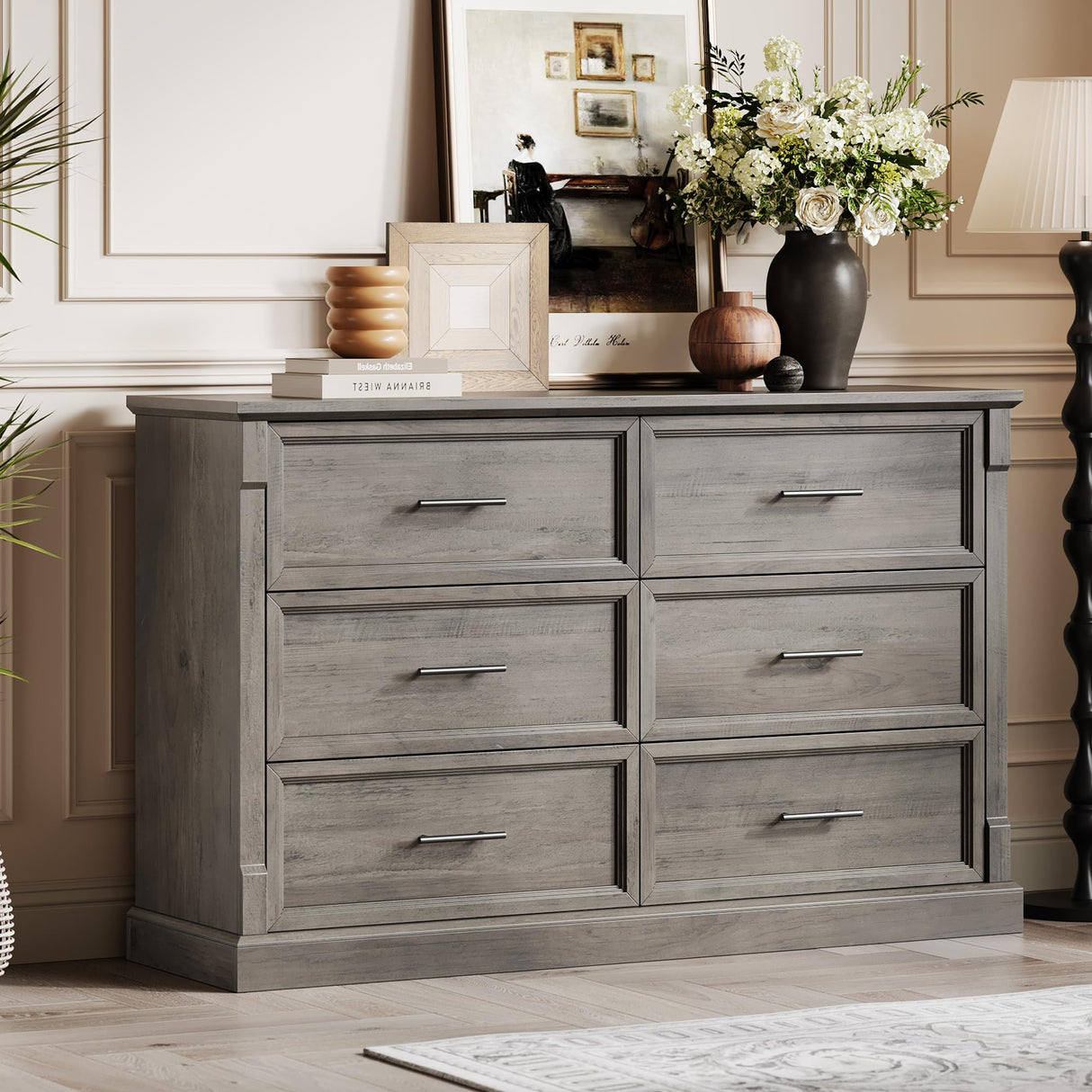 IDEALHOUSE Grey 6 Drawer Dresser for Bedroom, Farmhouse Large Double Chest of Drawers with Metal Handles, Rustic Wooden Dresser for Living Room, Hallway IDEALHOUSE