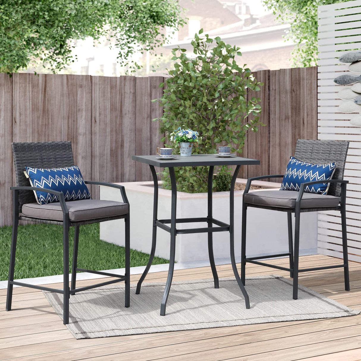 JOIVI 3 Piece Patio Bar Set, Outdoor Wicker Counter Height Bar Stools and Wood Top Table Set for 2 People, Bar Height Table Bistro Set with 2 Bar Chairs and Cushions for Backyard, Balcony JOIVI