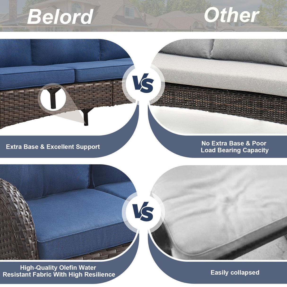 Belord Outdoor Patio Furniture - Wicker Sofa with Removable Cushion, 3 Seater Rattan Couch with Deep Seat, High Backrest, All-Weather for Balcony, Deck, Backyard, Brown/Blue Belord