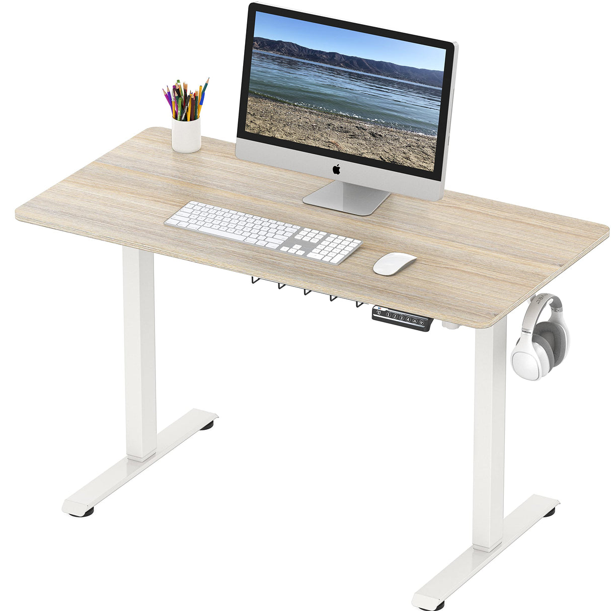 SHW Electric Height Adjustable Sit Stand Desk with Hanging Hooks and Cable Management, 48 x 24 Inches, White Frame and Maple Top SHW