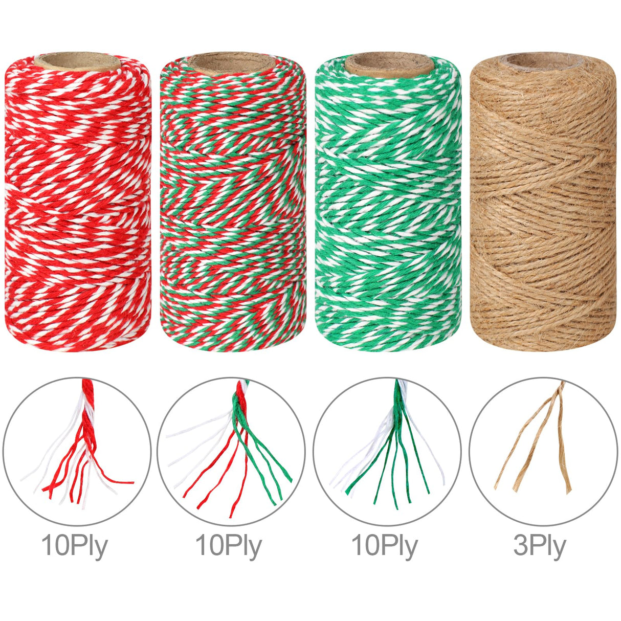 4 Rolls Natural Jute Twine, Red, Green & White - 70m/Roll Joyberg