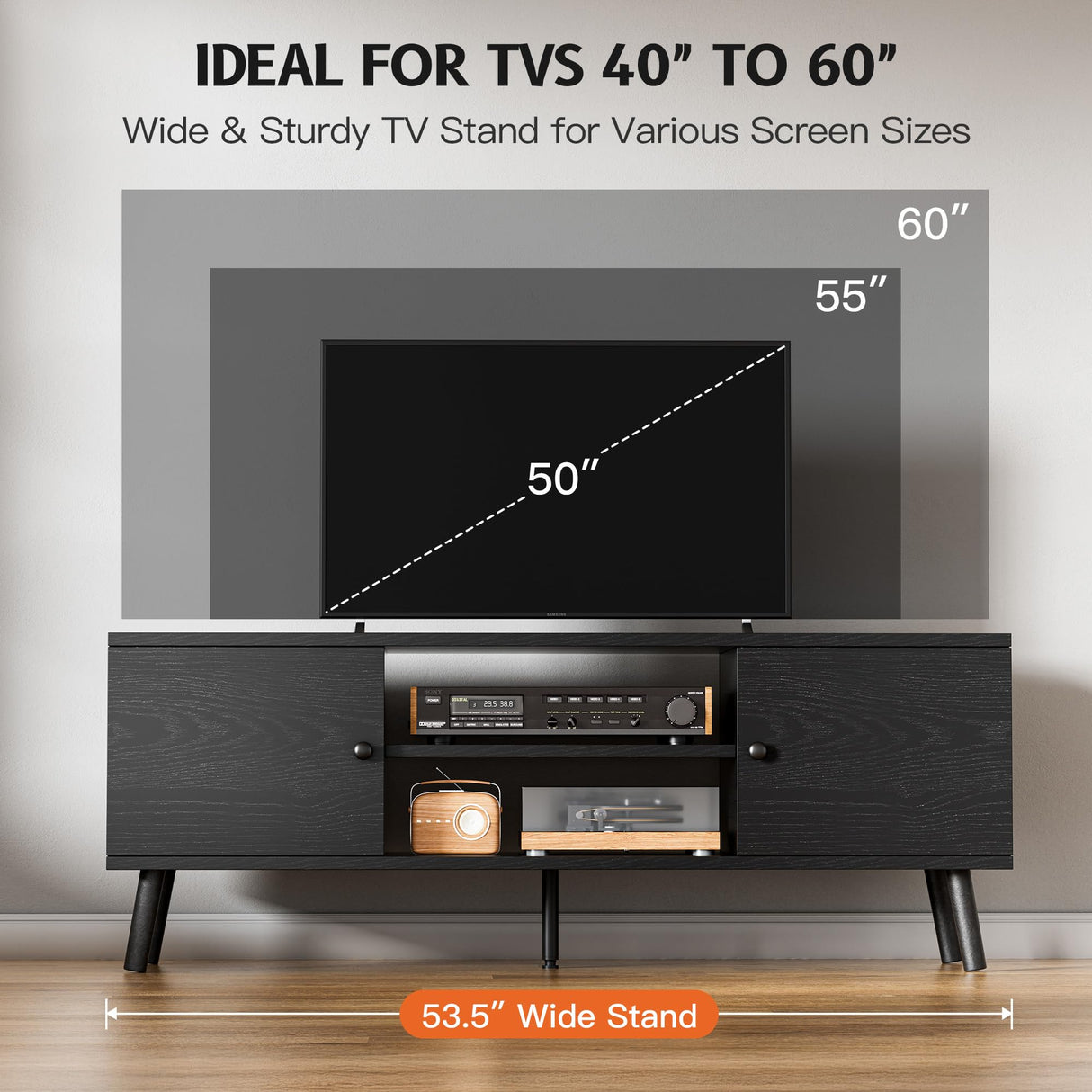 YSSOA TV Stand for 55 60 inch Living Room, 2 Cabinet Media Console Table, Entertainment Center with Storage, Soft Hinge Door with Handle, Wood Feet, Bedroom Furniture-Black YSSOA