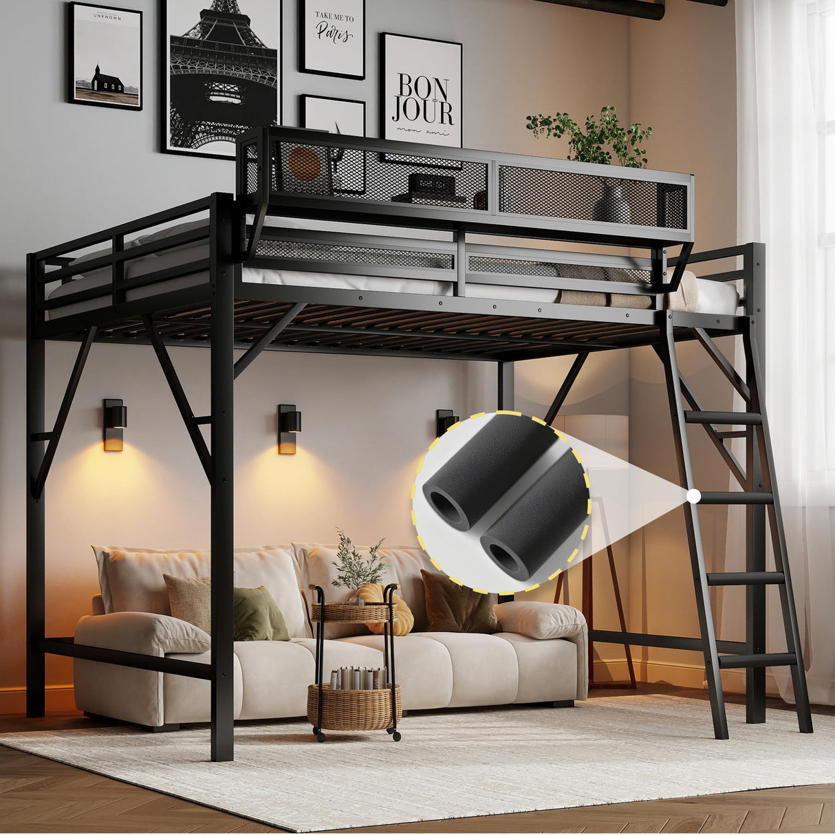 Queen Size Loft Bed with Storage Shelves & Soft Foam Ladder, Metal High Loft Bed with Large Under-Bed Space & Guardrail, Heavy-Duty Modern Beds for Adults Teens and Kids, No Box Spring Needed, Black Aurnienofus