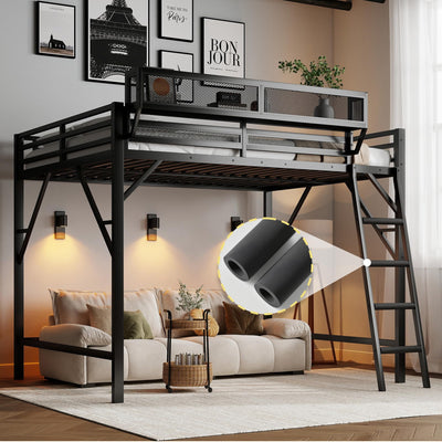 Queen Size Loft Bed with Storage Shelves & Soft Foam Ladder, Metal High Loft Bed with Large Under-Bed Space & Guardrail, Heavy-Duty Modern Beds for Adults Teens and Kids, No Box Spring Needed, Black