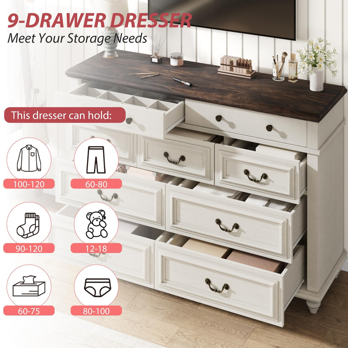 Jocoevol White 9 Drawer Dresser for Bedroom, 54" Wide Farmhouse Large Double Dressers & Chest of Drawers with Vintage Handle, Wooden Dresser TV Stand for Living Room, Hallway, White Jocoevol