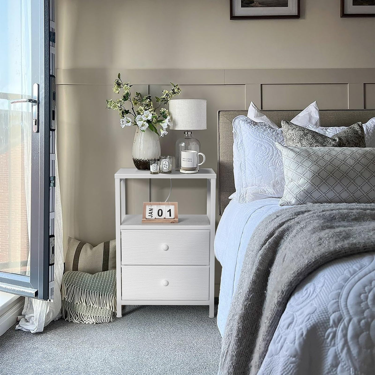 BOLUO White Nightstand with Charging Station, LED Night Stand with 2 Fabric Drawers, Bedside Table with USB Ports and Outlets, Nightstand for Bedroom Modern BOLUO