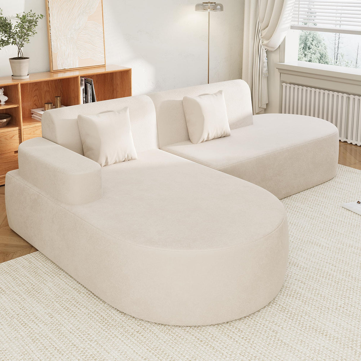 MELLCOM Modern Curved Boneless Sofa Couch, L-Shaped Corner Sofa, No Assembly Needed, Chenille Upholstered Cloud Sectional Couch for Living Room, Bedroom and Apartment (Beige, Left Hand Facing) MELLCOM