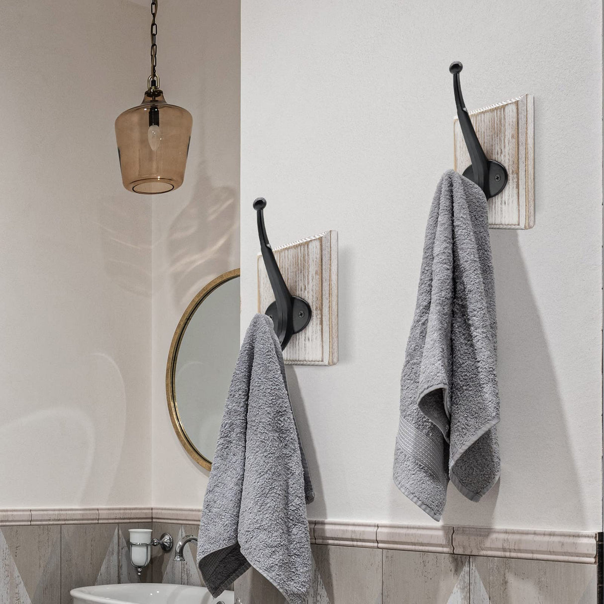 Lomuke Towel Hooks for Bathroom Wall Mounted, 2 Pack Farmhouse Rustic Wall Hooks for Hanging Coat Robe Keys, Heavy Duty Wood Black Hooks for Kitchen Bedroom Decorative (Weathered White) Lomuke