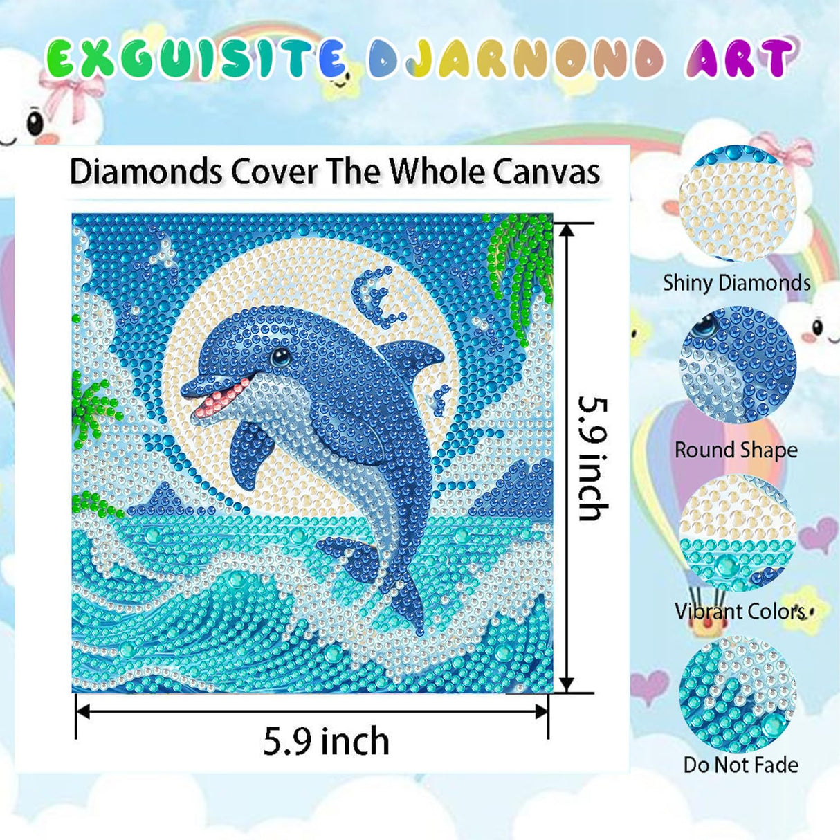 WEMEON Dolphin Diamond Art Painting Kits for Kids with Frame,Animal Diamond Art for Children Ages 4-8-12, with Beautiful Package for Gift Home Wall Decor(7x7inch) WEMEON