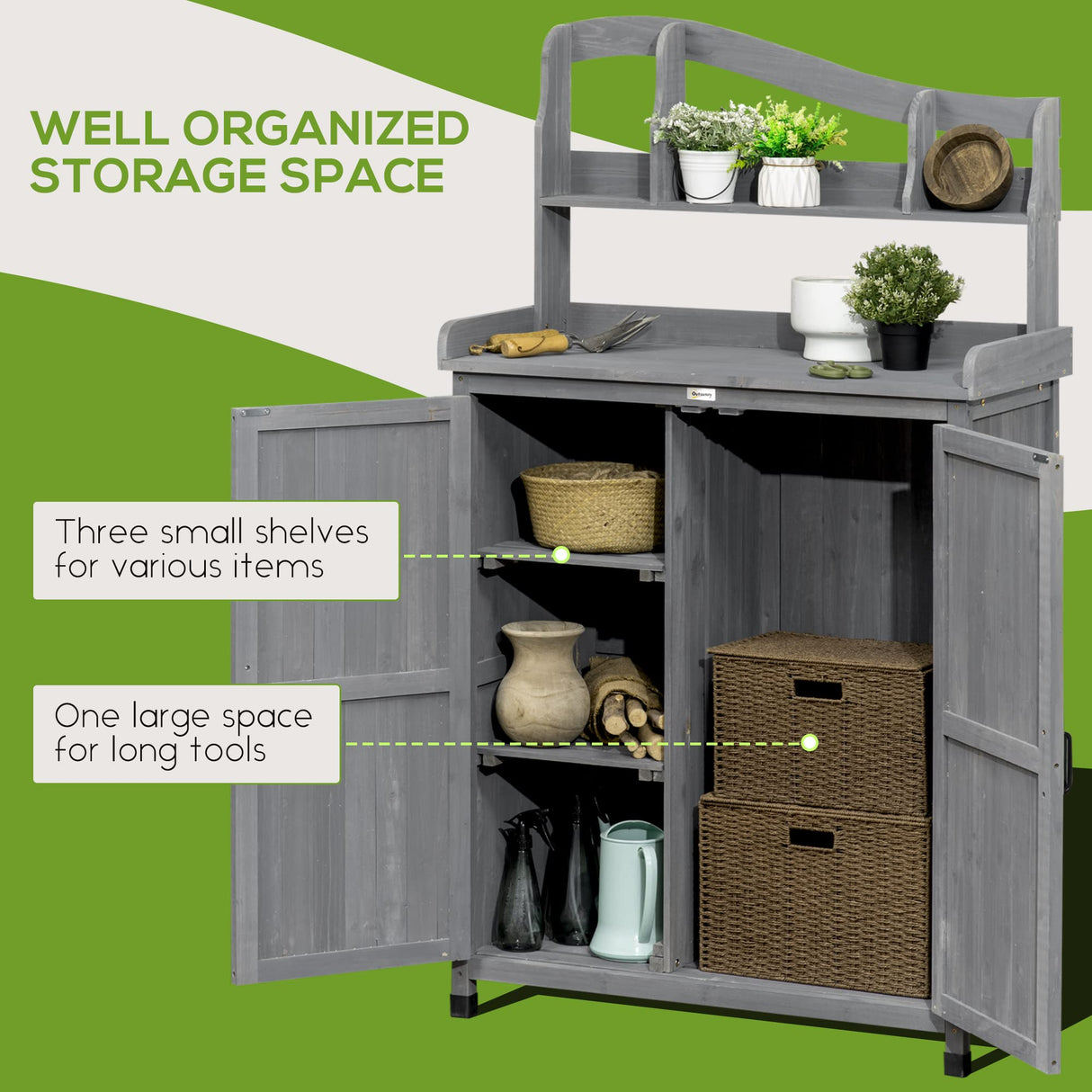 Outsunny Potting Bench Table, Outdoor Storage Cabinet, Multi-function Gardening Bench, Wooden Planting Workstation with Magnetic Doors, for Yard Tools or Pool Accessories, Gray Outsunny