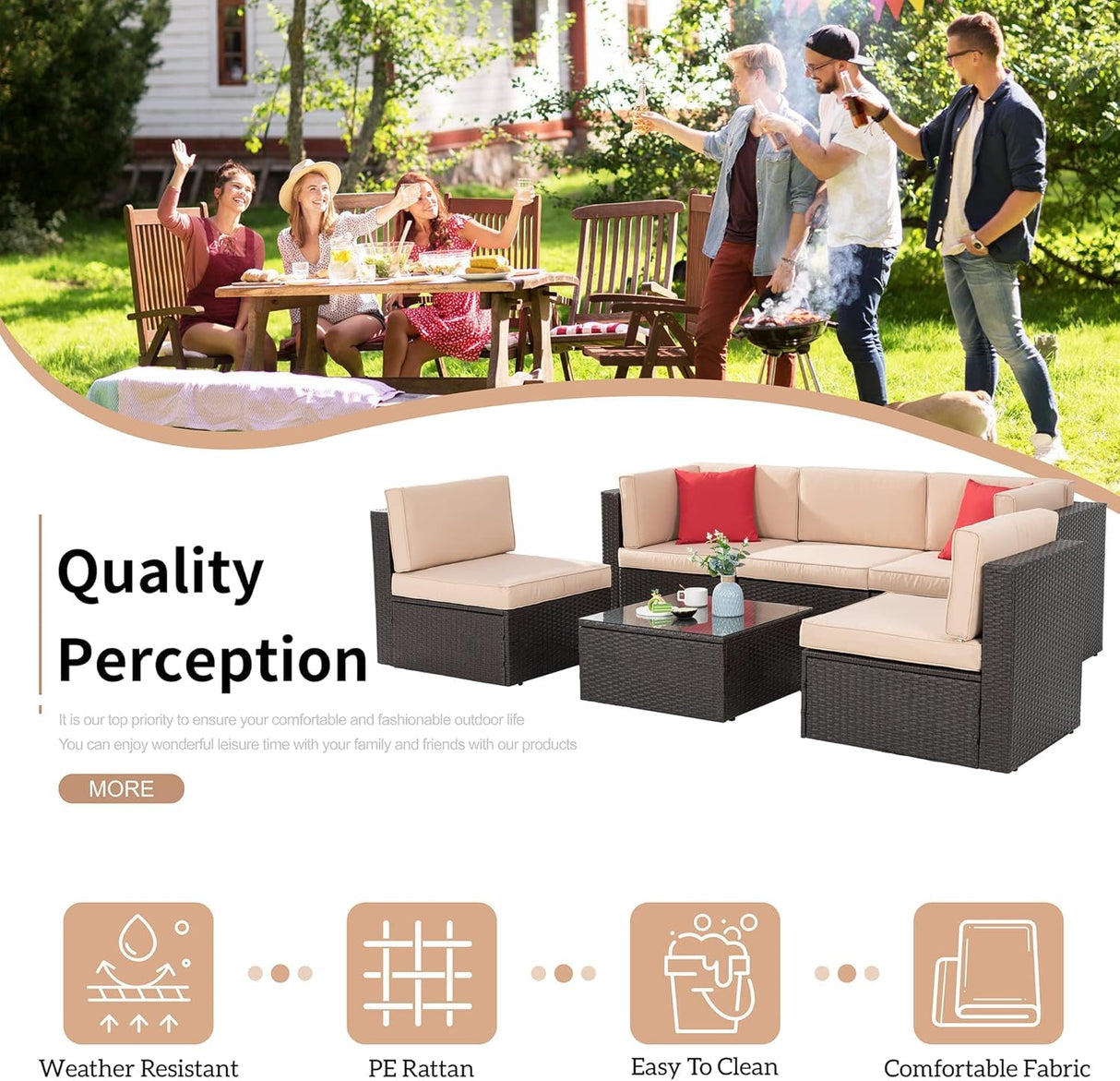 Shintenchi 6 Pieces Patio Furniture Sets Outdoor All-Weather Sectional Patio Sofa Set PE Rattan Manual Weaving Wicker Patio Conversation Set with Glass Table&Ottoman Cushion and Red Pillows, Beige Shintenchi