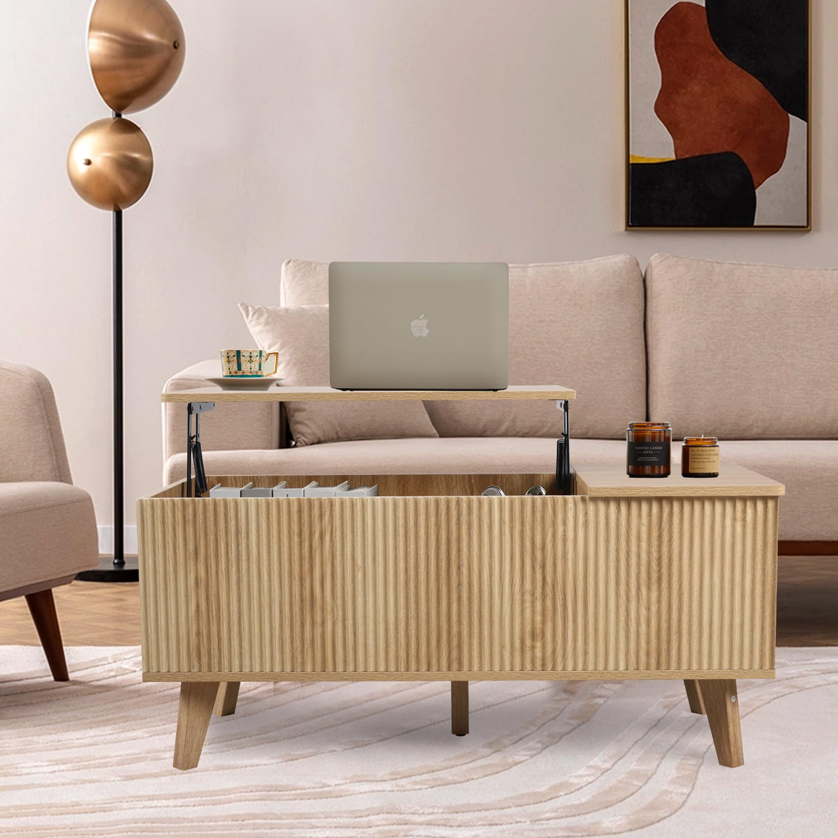 affeivul Boho Lift Top Coffee Table with Storage for Living Room, Bedroom, Rectangle Low Fluted Coffee Table with Drawers, Contemporary Pop Up Coffe Table Convertible Rising (Natural) affeivul