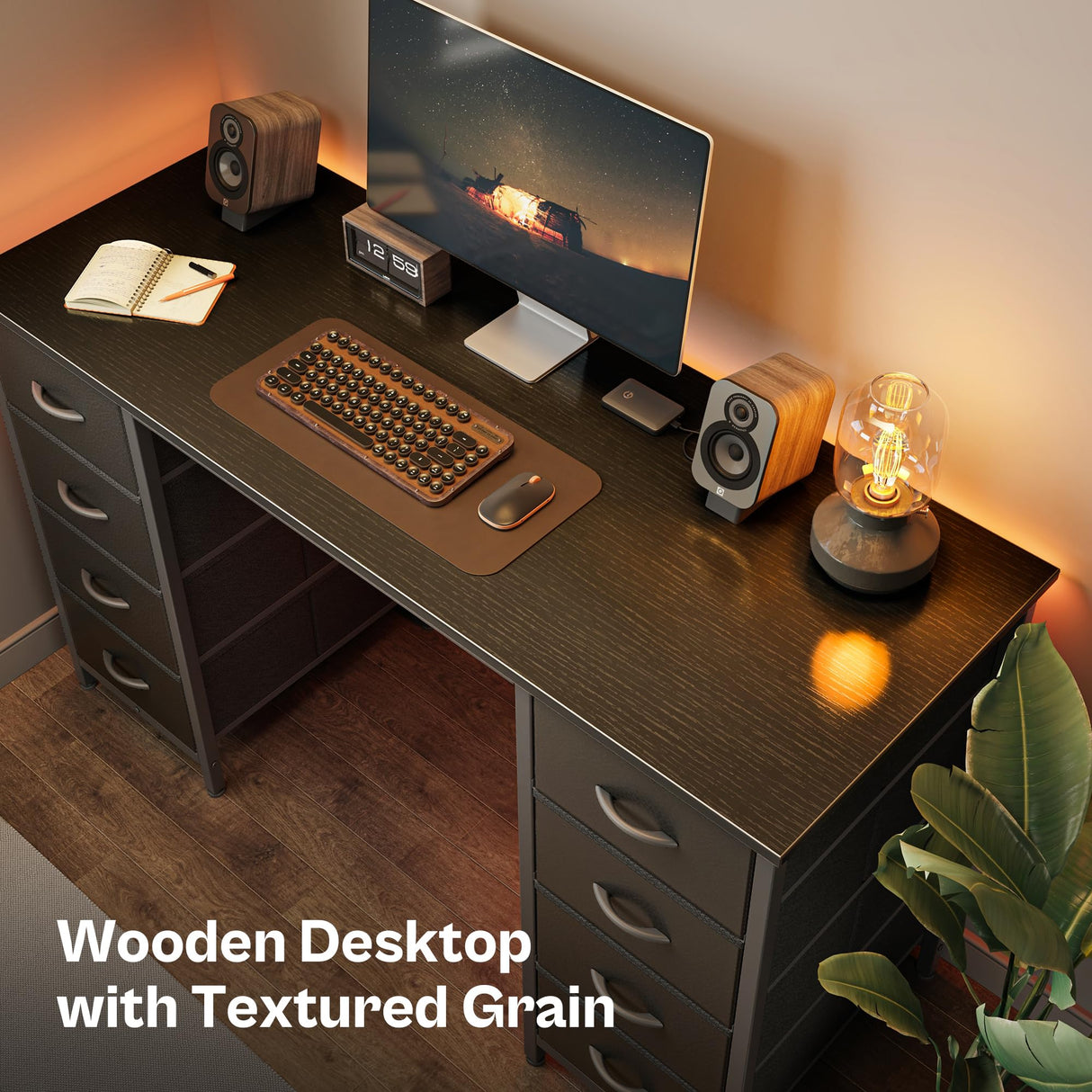 Huuger 47 Inch Computer Desk with 8 Drawers, Office Desk Work Desk for Home Office, Study, Gaming Desk with Fabric Drawers, Large Storage, Black Huuger