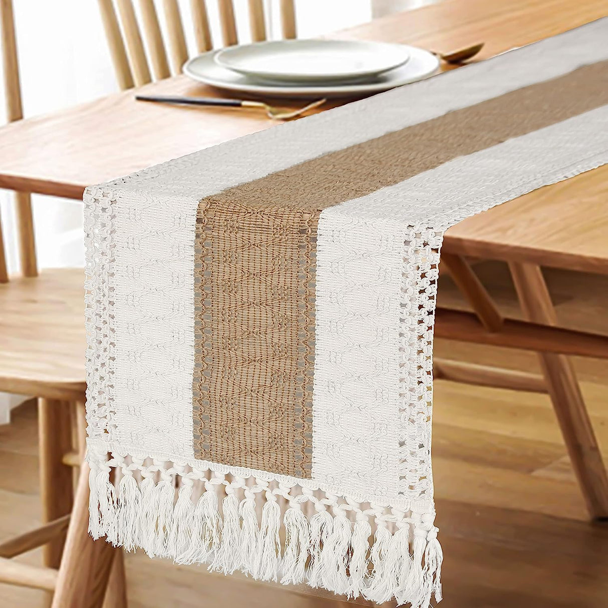 FEXIA Boho Table Runner for Christmas Home Decor with Tassels 72 Inches Long Farmhouse Rustic Table Runner Macrame Burlap Table Decoration for Living Room Bridal Shower(12x72 Inches) FEXIA