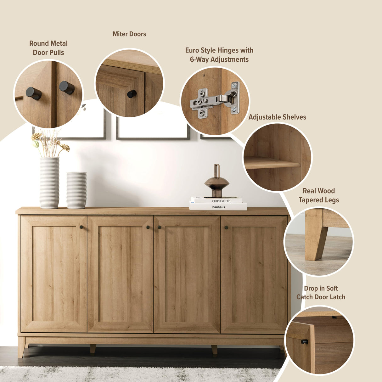 Prepac Yaletown 4 Panel Door Console Table with Storage, Oak Storage Cabinet with Doors and Shelves, Sideboard Storage Cabinet 60" W x 32" H x 16" D, OCBG-2220-1 Prepac