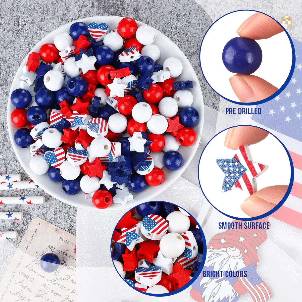200 Pieces 4th of July Wood Beads Patriotic Independence Day Wooden Beads America Flag Stars Spacer Beads Blue White Red Beads for Craft DIY Garland Memorial Day Tiered Tray Decor Waydress