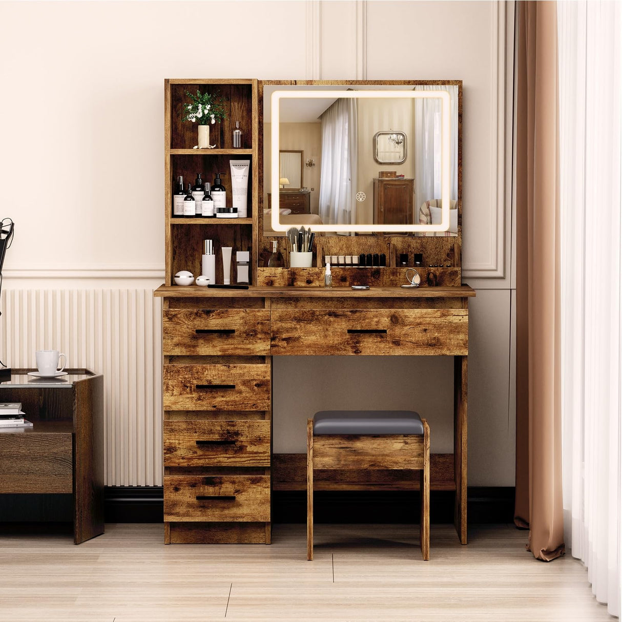 gihusrzx Makeup Vanity Desk with Mirror & Lights, Vanity Desk with 5 Drawers & Storage Shelves, Vanity Table with Chair, 3 Color Modes & Adjustable Brightness Dressing Table, Bedroom Retro Brown and gihusrzx