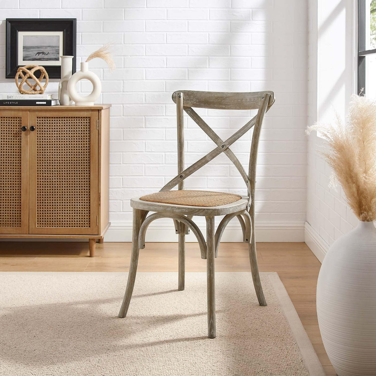 Modway Gear Rustic Modern Farmhouse Elm Wood Rattan Dining Chair in Gray Modway