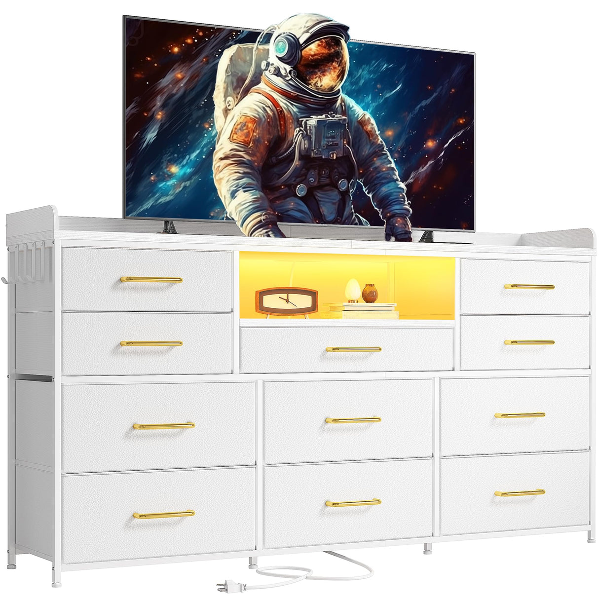 EnHomee Dresser TV Stand with 11 Drawers for 60" TV Stand for Bedroom with LED Lights & Power Outlets Long Dresser for Bedroom with Shelves & 4 Hooks Sturdy Metal Frame & Wood Top, White EnHomee