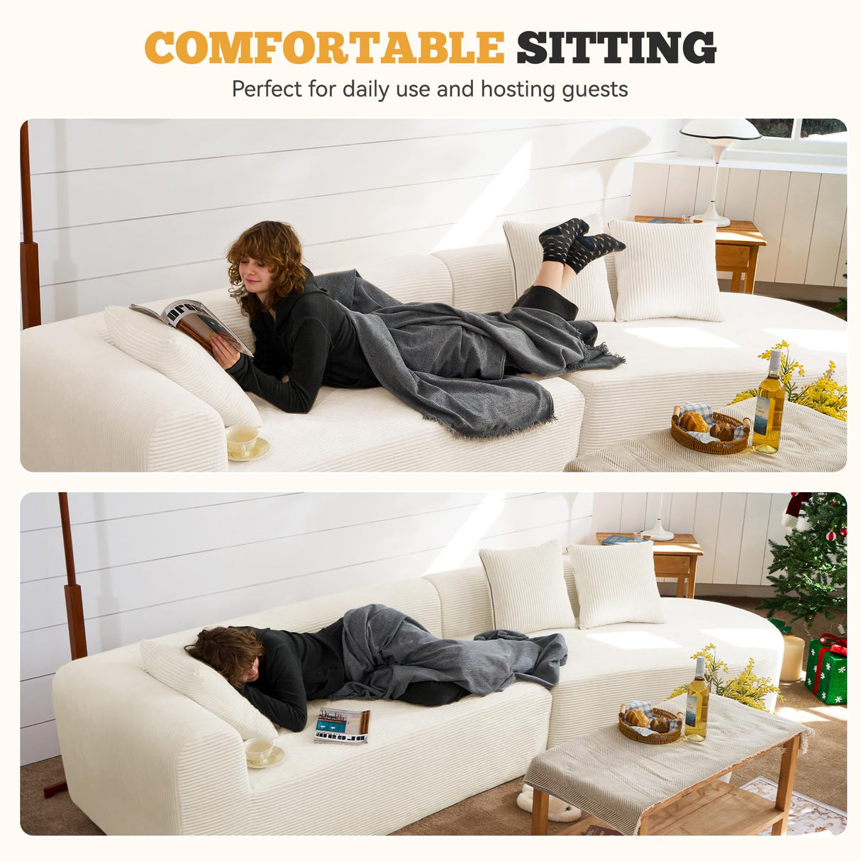 126" Oversized Modular Sectional Sofa, Modern Cloud Curved Couch with Deep Seat, Upholstered Corduroy Couches for Living Room, No Assembly Required, 1 PCS Off White Luxanimarion