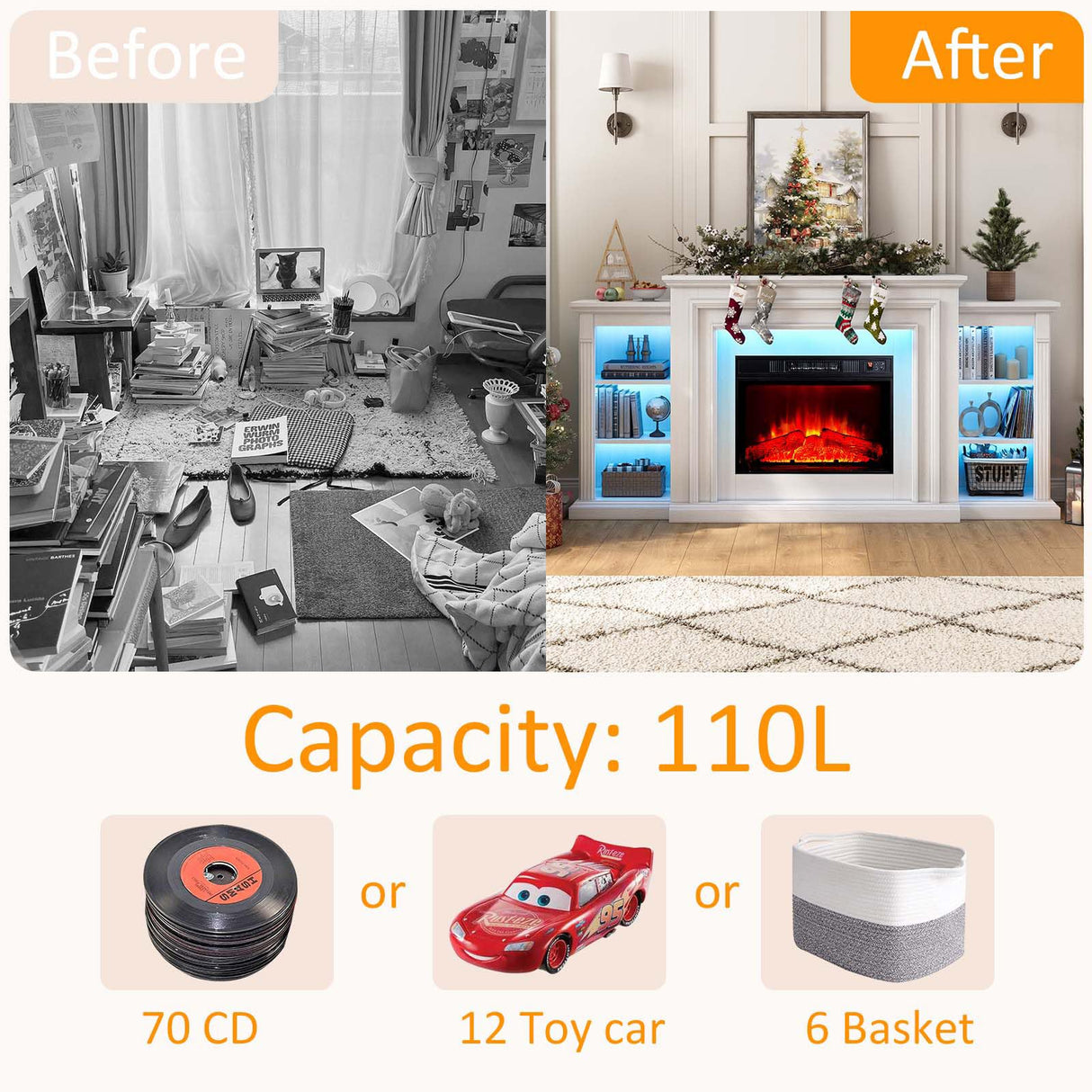 72" Electric Fireplace with Mantel,White TV Stand with Fireplace,Modern Entertainment Center with LED Lights for Bedroom Living Room BLANKSPACE