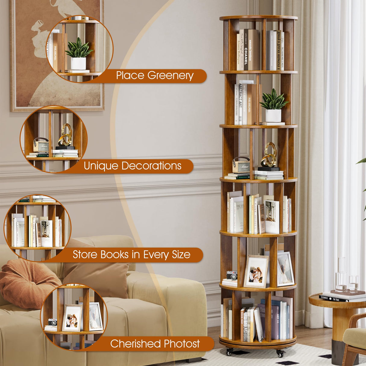 6 Tier Rotating Bookshelf Tower Spinning Bookshelf with Swivel Wheels Book Shelf Rotating Storage Tower for Kids Adult Narrow Walnut Solid Wood Revolving Bookcase Organizer for Bedroom Living Room IUNVR