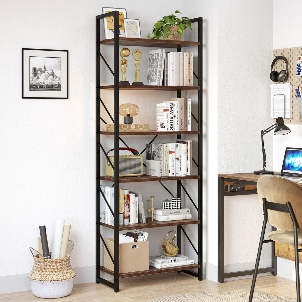YITAHOME Rustic Brown 6-Tier Industrial Bookshelf - Open Display Storage Rack for Home and Office YITAHOME