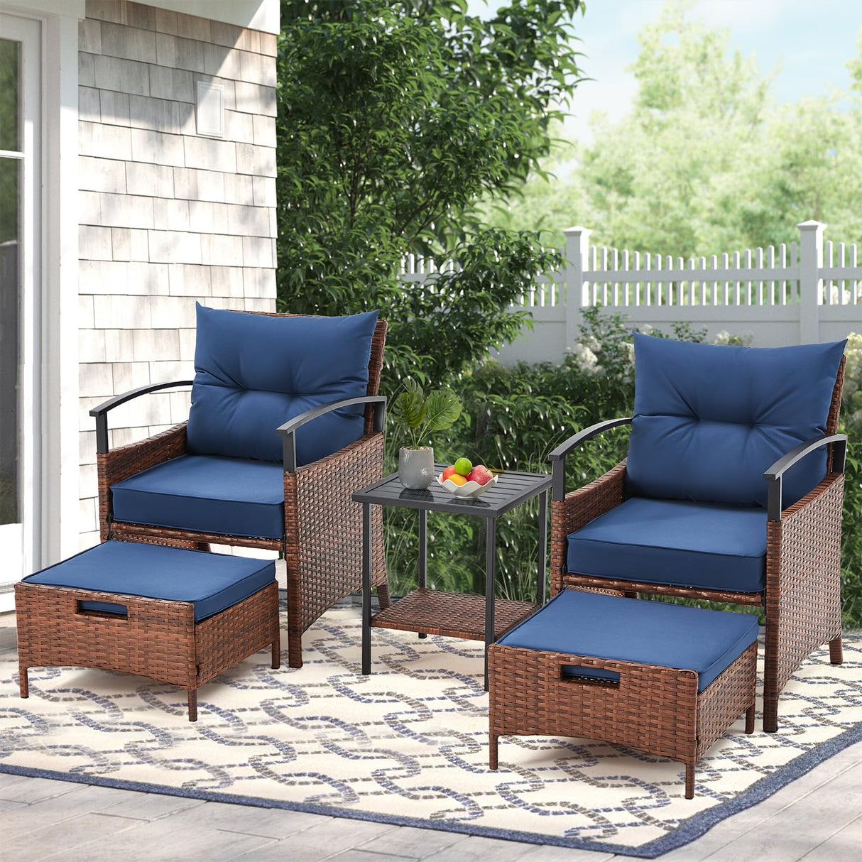 AVAWING 5 PCS Outdoor Rattan Furniture Set, Wicker Conversation Sets W/Metal Coffee Table and Soft Cushions, Patio Chairs with Ottomans for Garden, Porch, Balcony and Deck (Blue) AVAWING