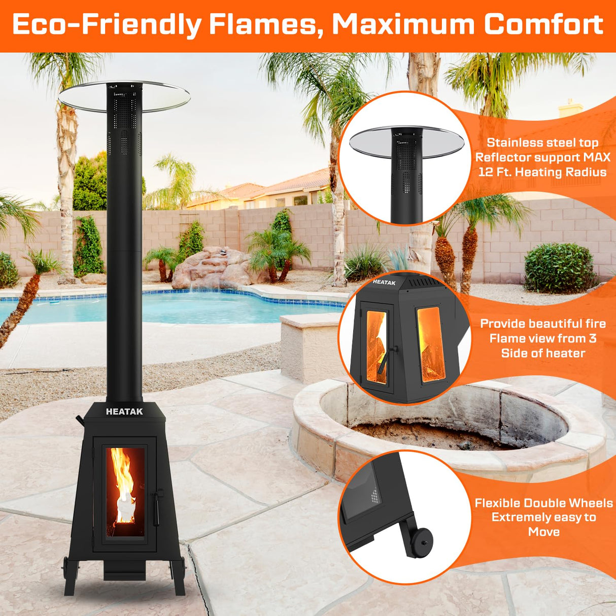 HEATAK 75,000 BTU Outdoor Patio Heaters, Wood Pellet Heater Outdoor with Wheels, Pellet Heaters for Outdoor Use, Home, Gardens & Commercial - Black HEATAK