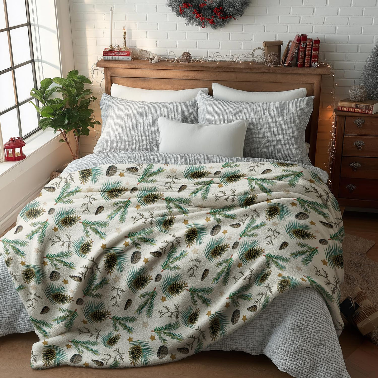 Horaldaily Christmas Flannel Blanket Throw, Holly Pine Cone Soft Fuzzy Plush Cozy Fleece Blankets for Couch Sofa Bed Lounging, Ideal Gifts for Kids Adults Wife Self, 50x60 Horaldaily