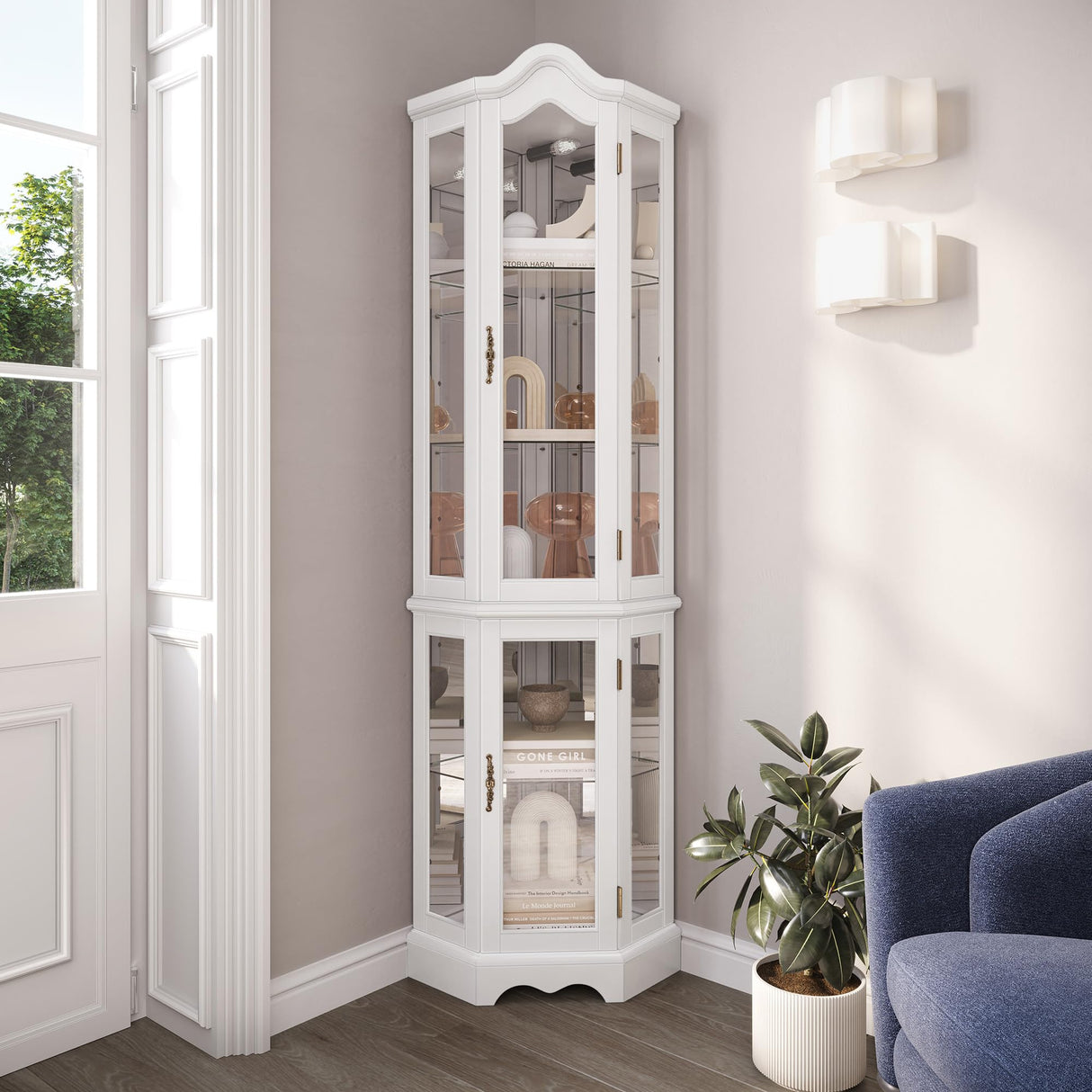 BELLEZE Lighted 3-Side Glass Display Curio Cabinet w/ Tempered Glass Doors and Shelves, Curved Wood Corner Cabinet with Bulb, Corner Storage Rack (White) BELLEZE