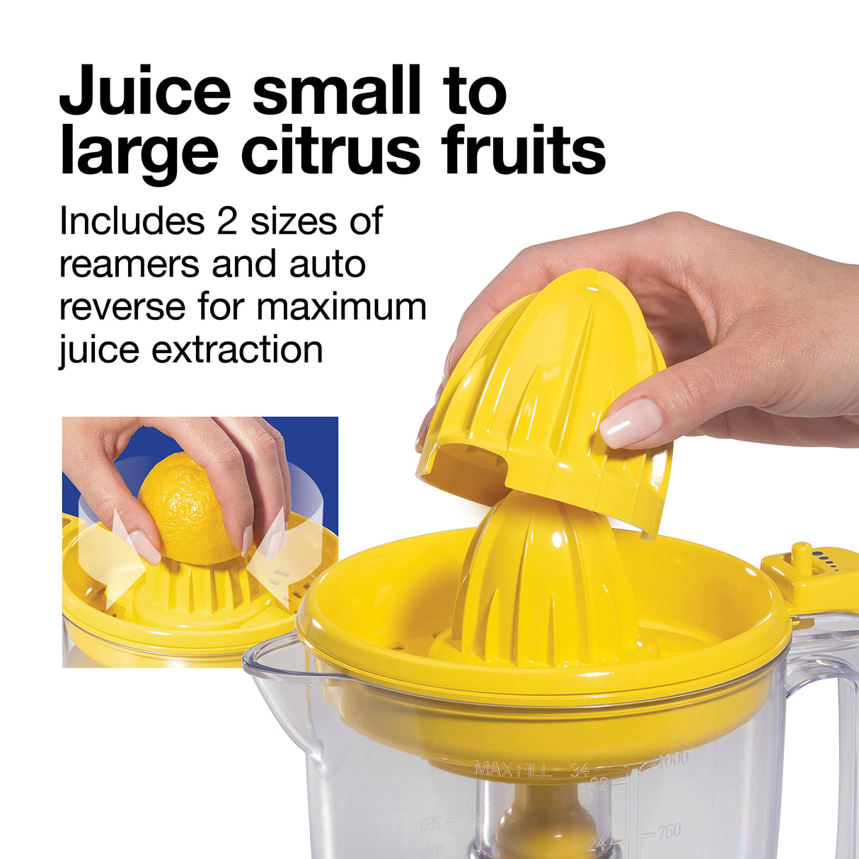 Proctor Silex Alex's Lemonade Stand Electric Citrus Juicer Machine and Squeezer, for Lemons, Limes and Oranges, 34 oz, Includes 2 Reamers & Recipe Book, Yellow (66341) Proctor Silex