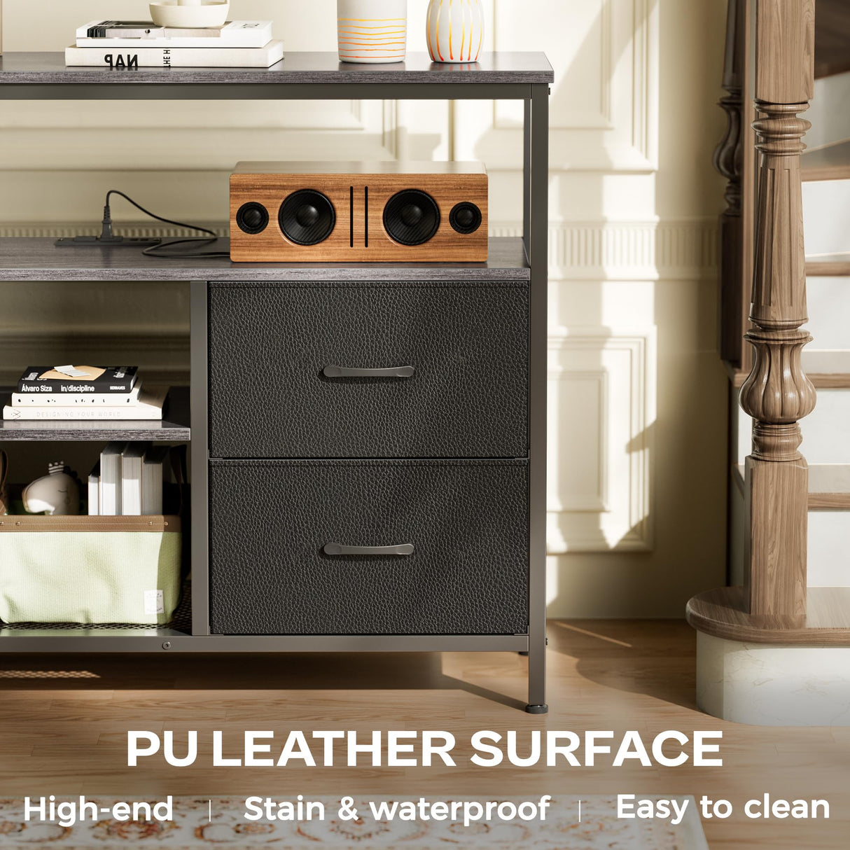 Huuger TV Stand Dresser with Power Outlets and LED Lights, 4 Drawers Entertainment Center with Open Shelf, Media Console for 50 43 Inch TV, Dresser with PU Finish, Grey and Black Huuger