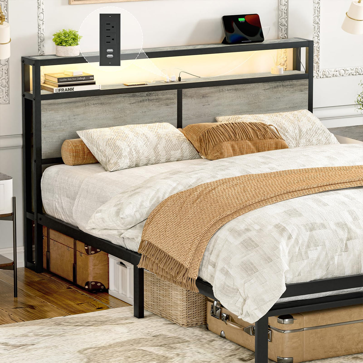 HAUSOURCE Full Bed Frame with Storage Headboard Metal Platform Bed with LED Lights, USB Ports Outlets, Non-Slip, Noise-Free, Strong Metal Slats Support No Box Spring Needed HAUSOURCE