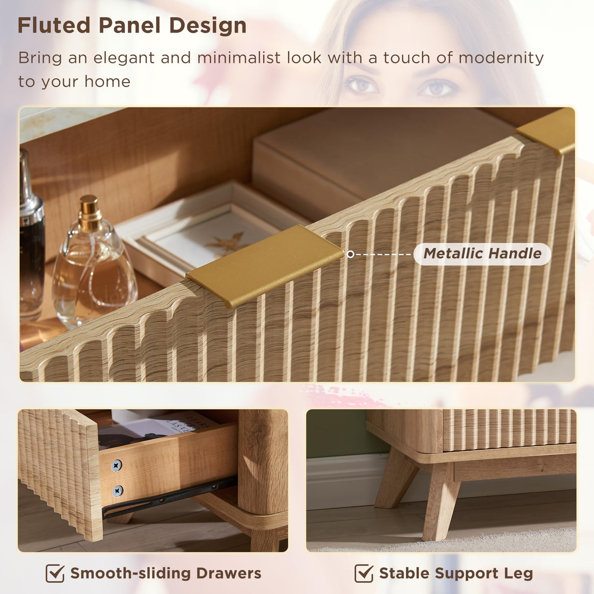 T4TREAM 48" Fluted Makeup Vanity Desk with Large 36" Mirror and Lights, Modern Glass Top Big Vanity Table with 5 Drawers & Adjustable Shelves, Dressing Table Set w/Charging Station for Bedroom, Oak T4TREAM