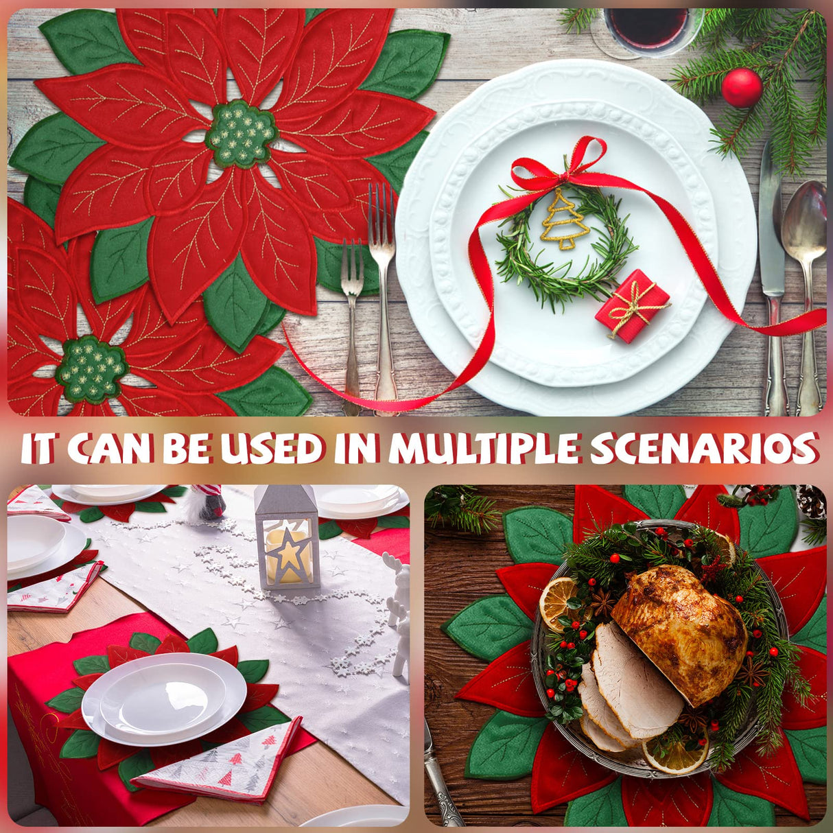 Christmas Placemats Set of 6 Christmas Embroidered Placemats 14 x 14 Inch Red Round Double Layer Applique Poinsettia Xms Flower Place Mat Table Decorations for Home Dining Holiday Tudomro
