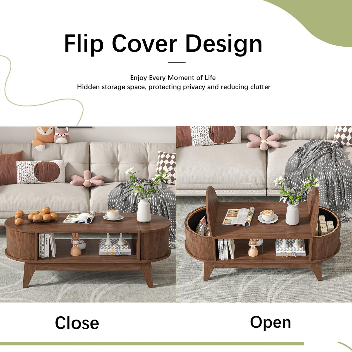 Coffee Table with Storage,Mid Century Modern Coffee Tables with 2 Flip-Top Hidden Lids,Fluted Coffee Table,Wood Center Tables for Living Room Home Office (Walnut Color) Mxtxmy