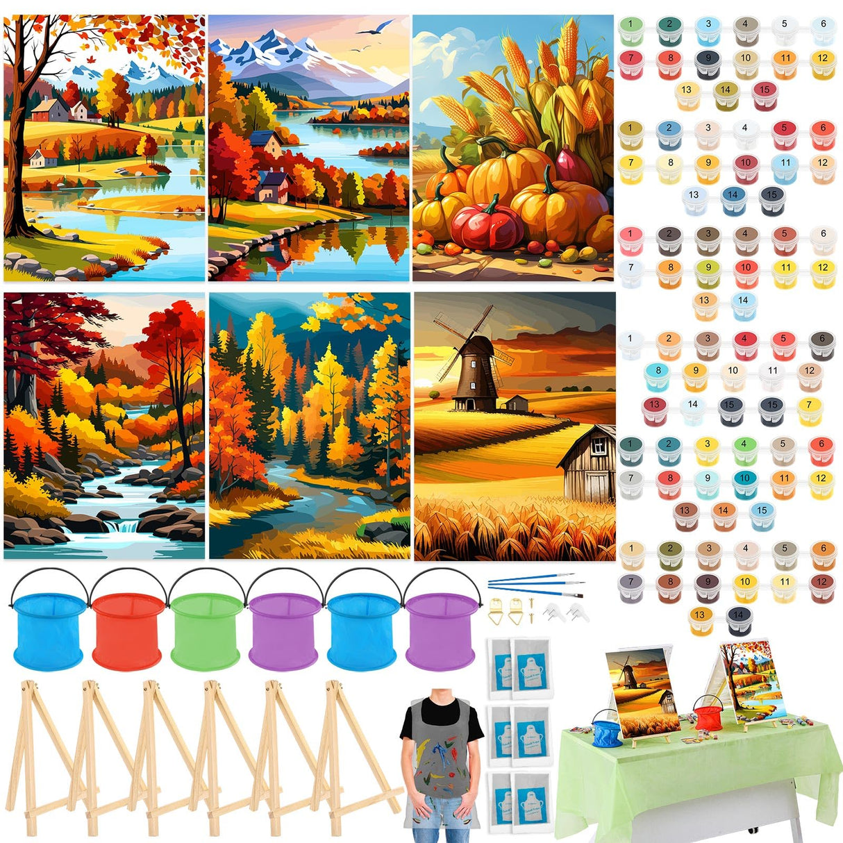Gersoniel 6 Sets Fall Paint by Numbers Kit for Adults, 16x12 Inch Fall Forest Autumn Landscape Paint by Number DIY Framed Canvas for Home Wall Thanksgiving Decor Gersoniel