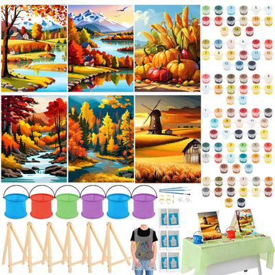 Gersoniel 6 Sets Fall Paint by Numbers Kit for Adults, 16x12 Inch Fall Forest Autumn Landscape Paint by Number DIY Framed Canvas for Home Wall Thanksgiving Decor